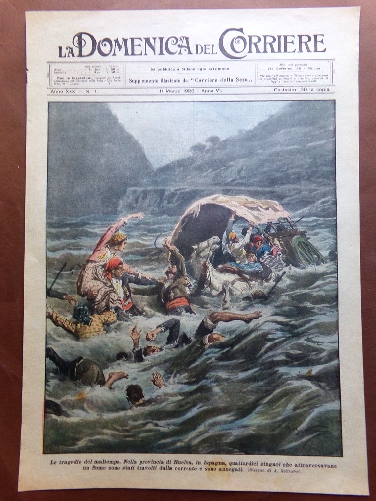 Copertina Domenica Corriere nr. 11 del 1928 Tragedia Maltempo Huelva …