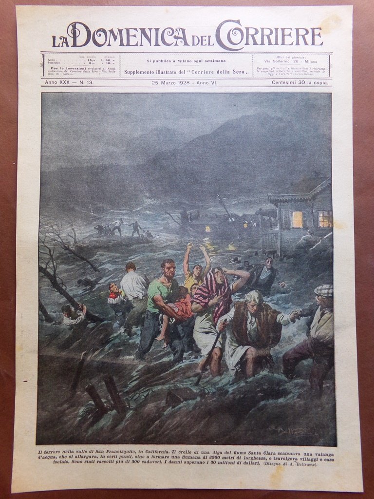 Copertina Domenica Corriere nr. 13 del 1928 Crollo Diga Santa …