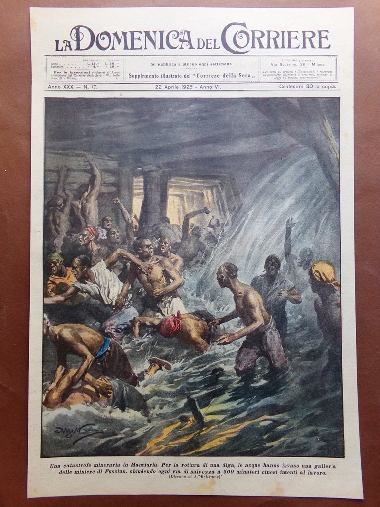 Copertina Domenica Corriere nr. 17 del 1928 Catastrofe Miniera Manciuria …