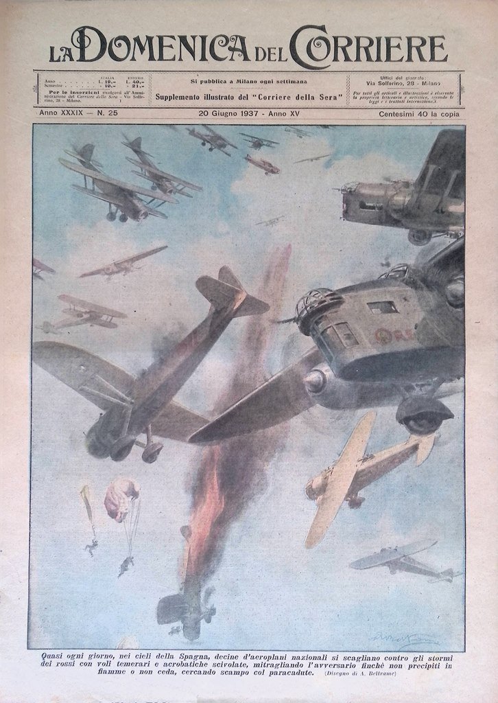 Copertina Domenica Corriere nr. 25 del 1937 Lotta Aeroplani Cieli …