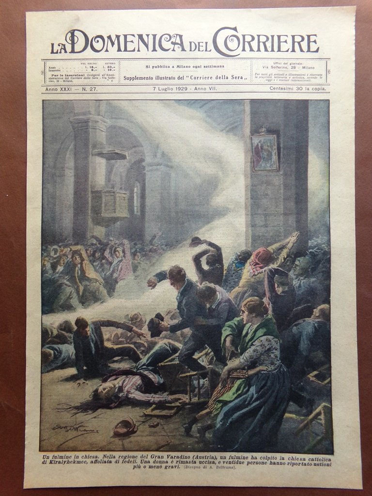 Copertina Domenica Corriere nr. 27 del 1929 Fulmine Gran Varadino …