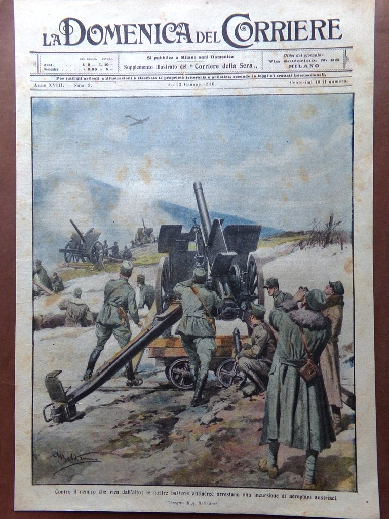 Copertina Domenica Corriere nr. 3 del 1916 WW1 Batterie Antiaeree …