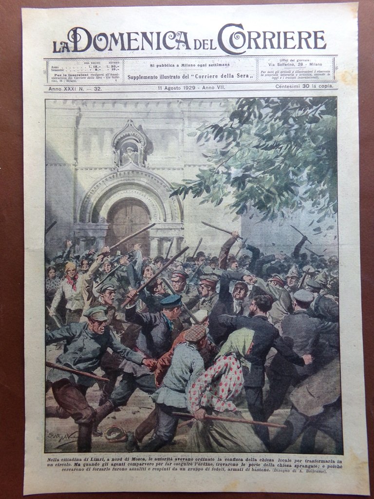 Copertina Domenica Corriere nr. 32 del 1929 Limri Mosca Confisca …