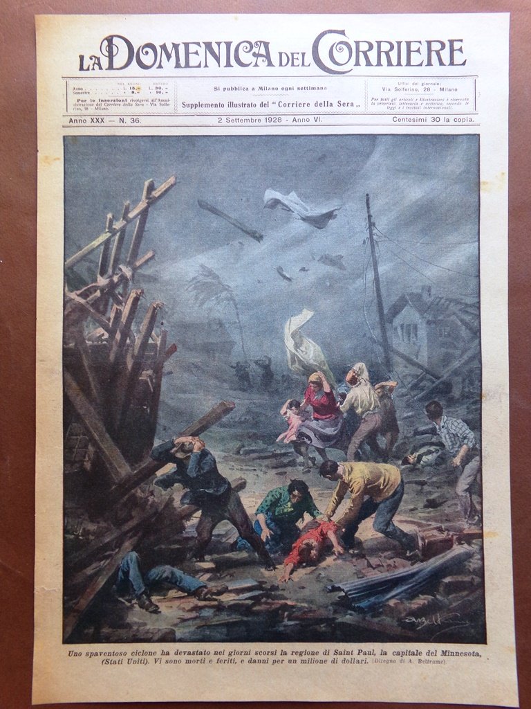 Copertina Domenica Corriere nr. 36 del 1928 Ciclone Saint Paul …