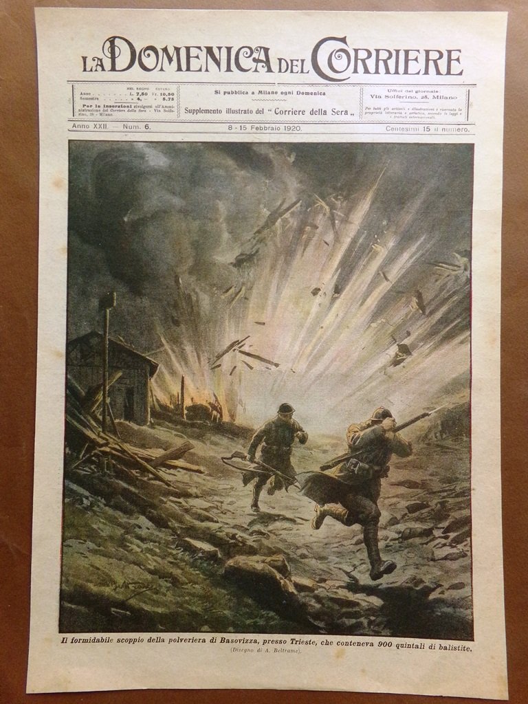 Copertina Domenica Corriere nr. 6 del 1920 Scoppio Polveriera Basovizza …