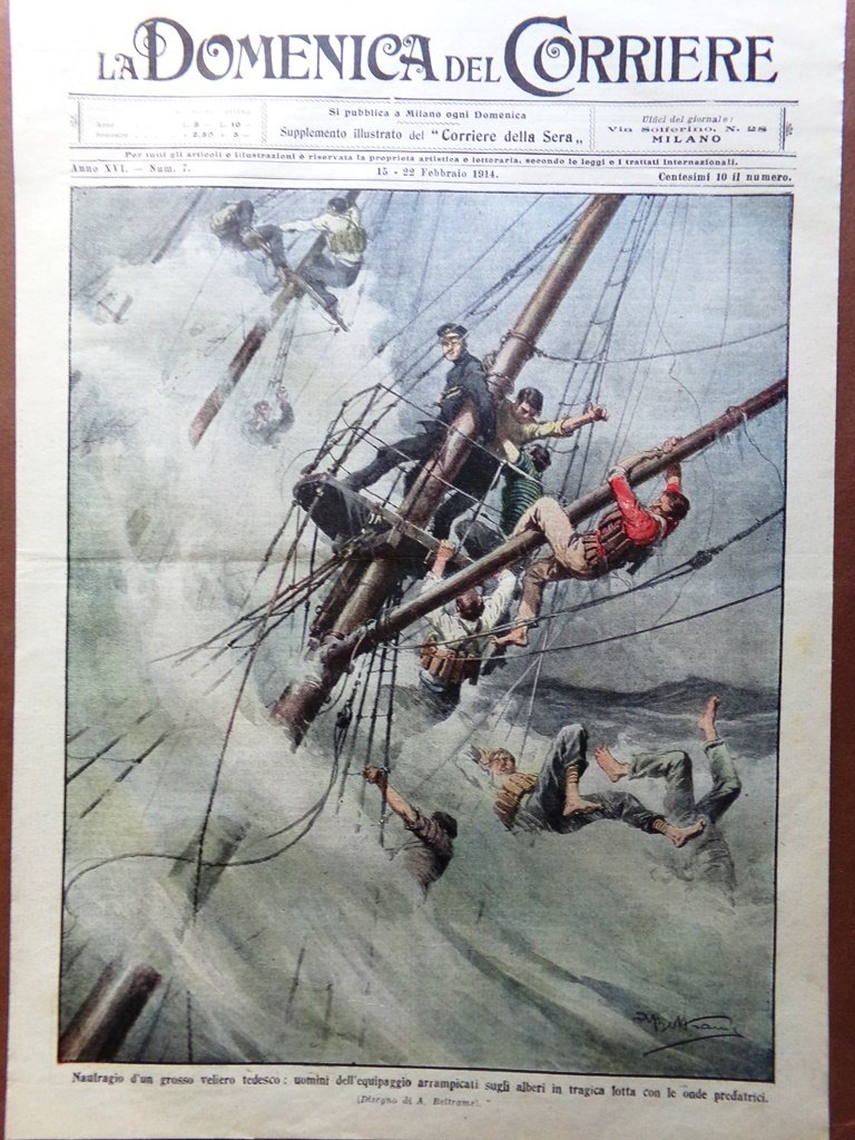 Copertina Domenica Corriere nr. 7 del 1914 Naufragio Veliero Tedesco …