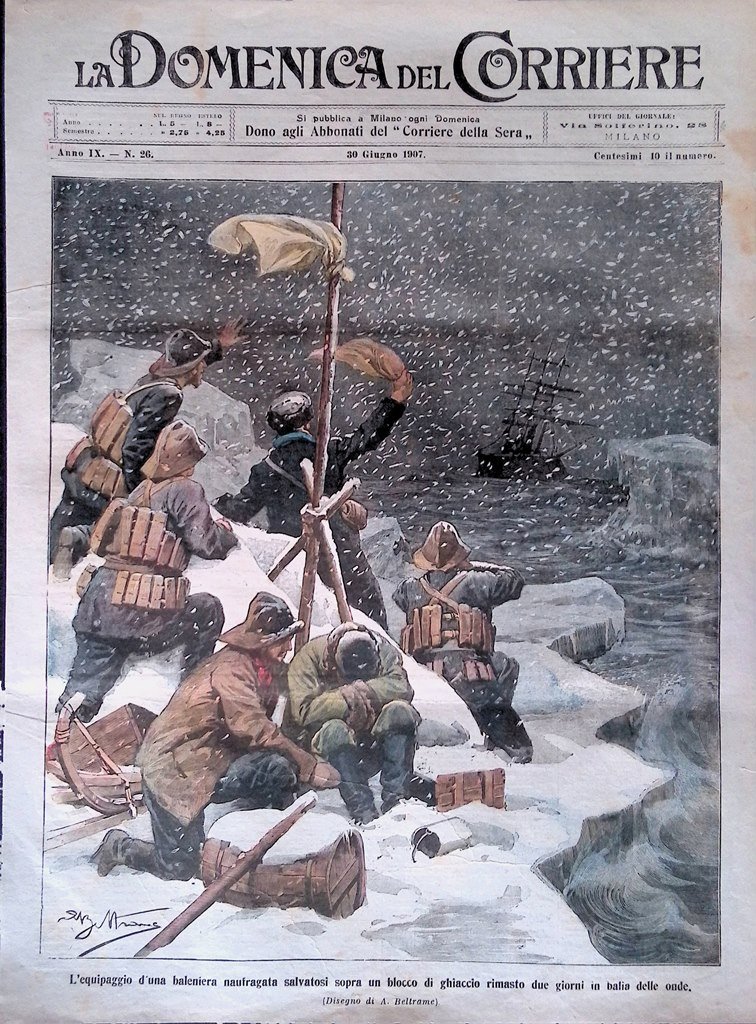 Copertina Domenica del Corriere nr. 26 del 1907 Baleniera Naufragata …