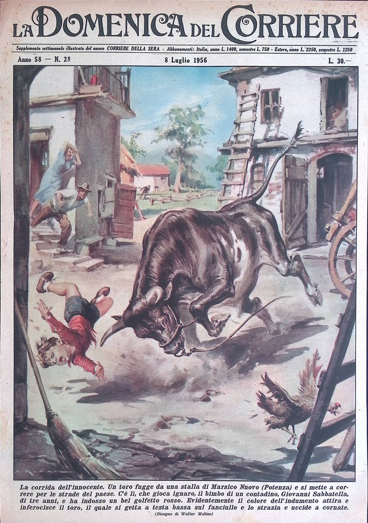 Copertina Domenica del Corriere nr. 28 del 1956 Toro a …