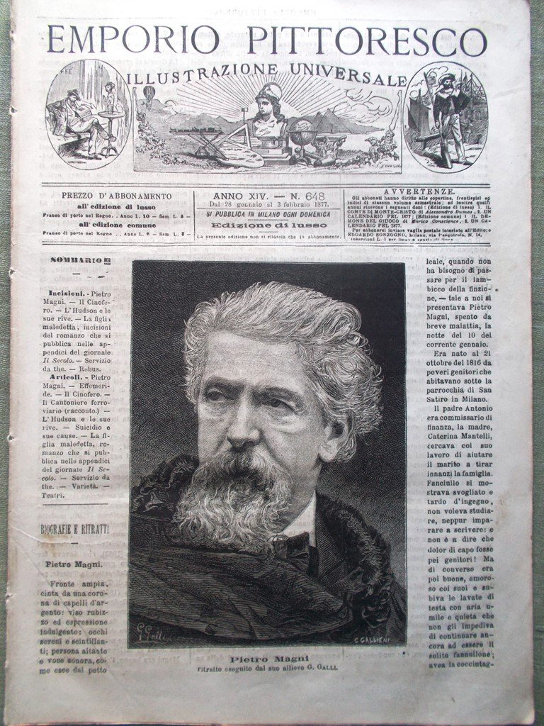 Emporio Pittoresco del 28 Gennaio 1877 Cinofero Hudson Pietro Magni …