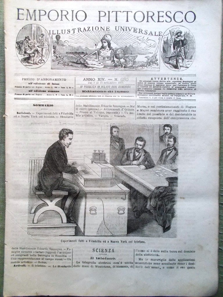 Emporio Pittoresco del 9 Settembre 1877 Esperimenti Telefono Sonzogno Dobrucia