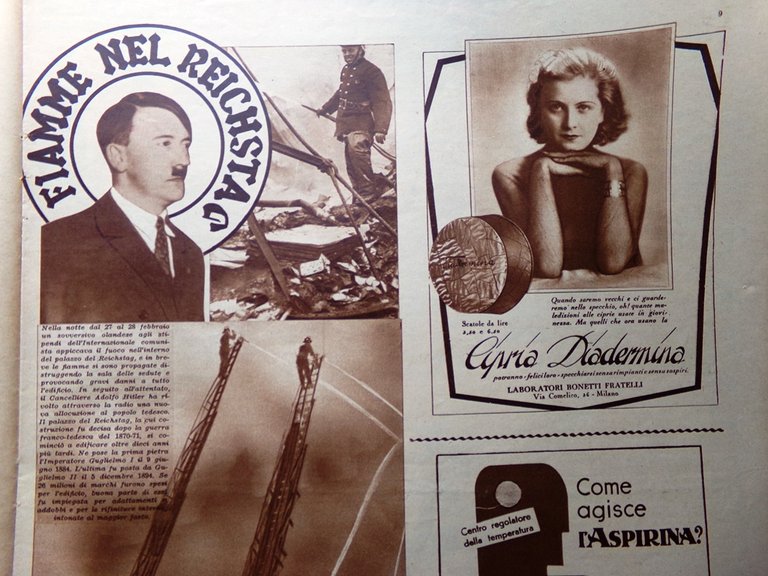 Illustrazione del Popolo 12 Marzo 1933 Cinesi Inferno Hitler Reichstag …