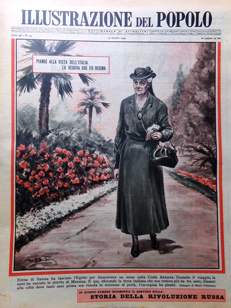 Illustrazione del Popolo 14 Agosto 1949 Elena di Savoia Binda …