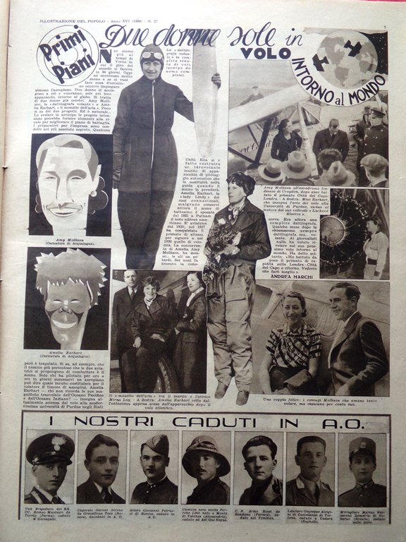 Illustrazione del Popolo 4 Luglio 1936 Earhart Mollison Palestina Ciclismo …