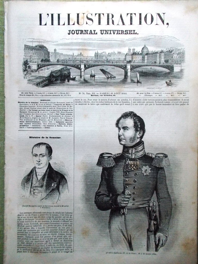 L'Illustration Journal Universel 10 Aout 1844 Joseph Bonaparte Orléans Sucre …