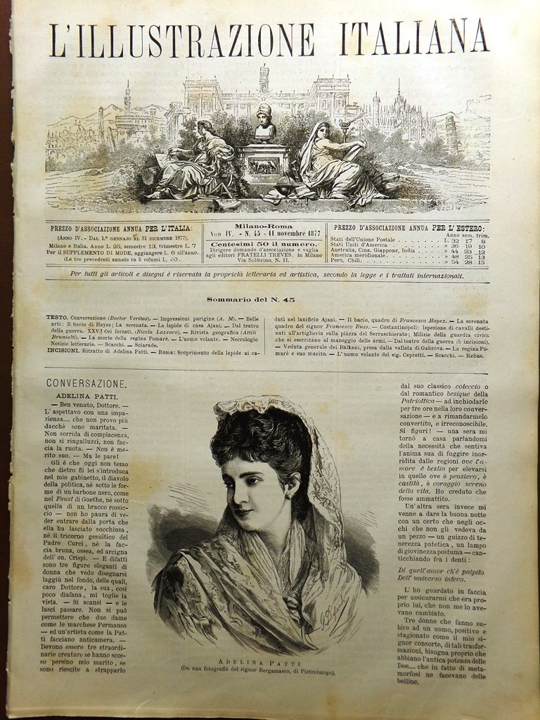 L'Illustrazione Italiana 11 Novembre 1877 Adelina Patti Pomare IV Lapide …