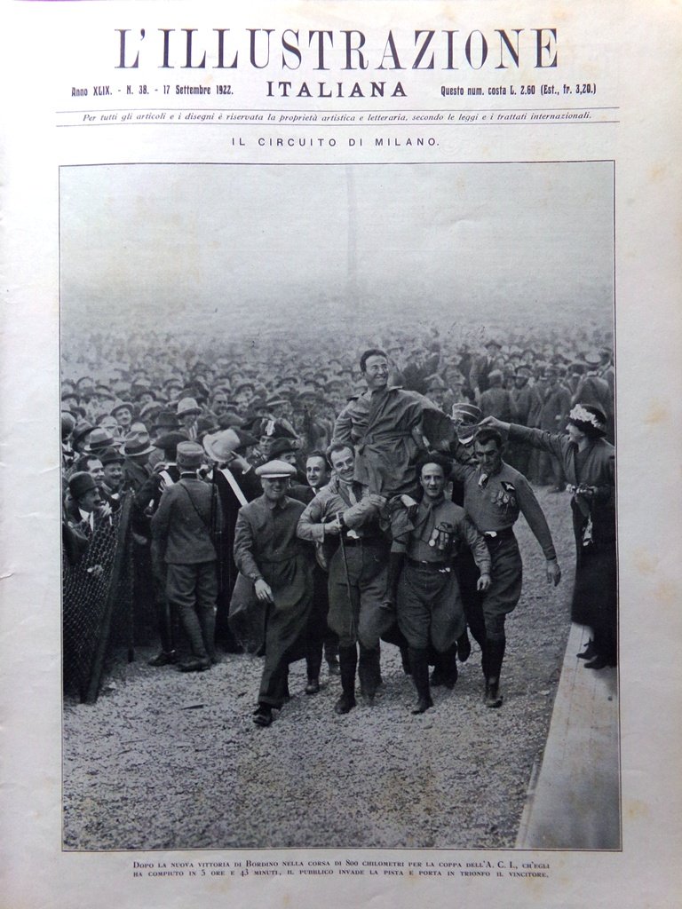 L'Illustrazione Italiana 17 Settembre 1922 Circuito Monza Bordino Gnesa Loreto | Immagine principale