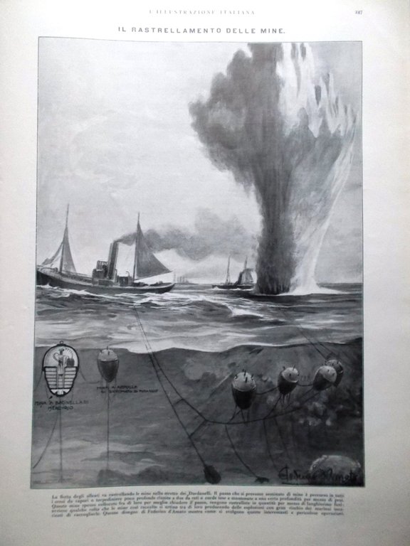 L'illustrazione Italiana 21 Marzo 1915 WW1 Attacco ai Dardanelli Mine …