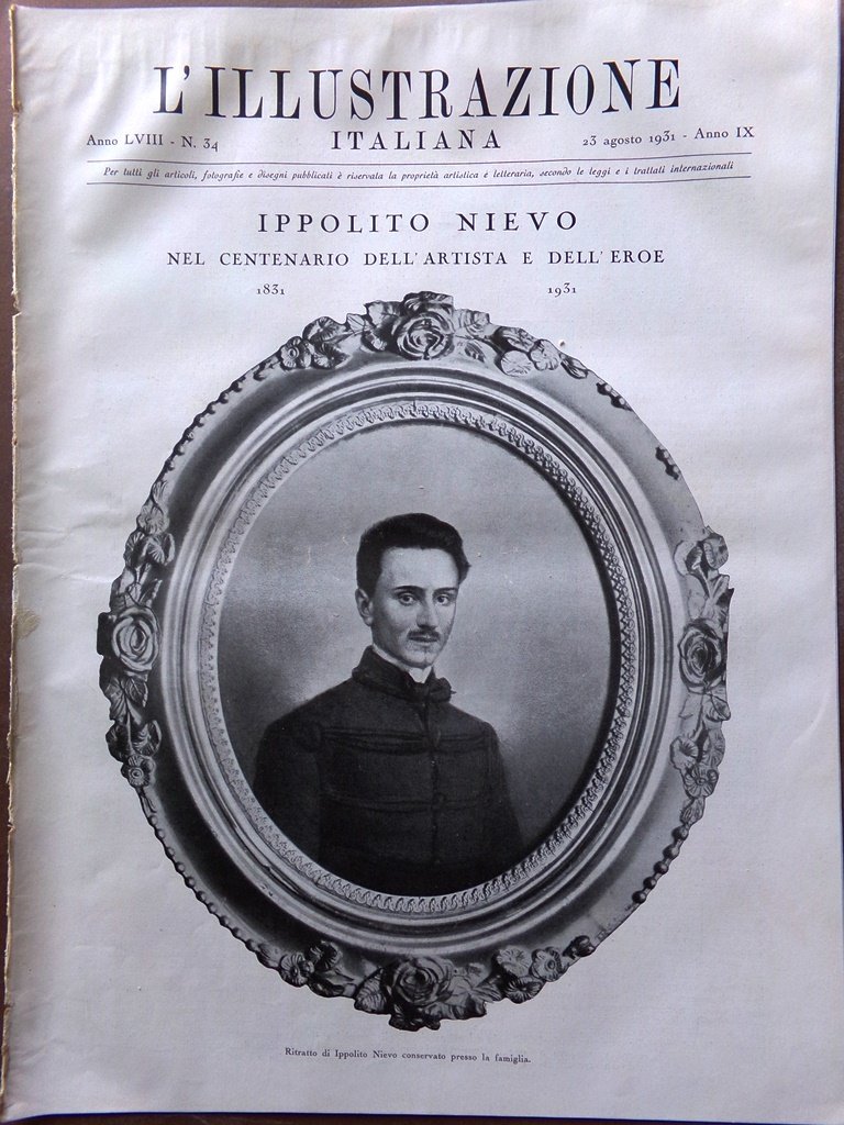 L'illustrazione Italiana 23 Agosto 1931 Speciale Centenario Ippolito Nievo Poeta