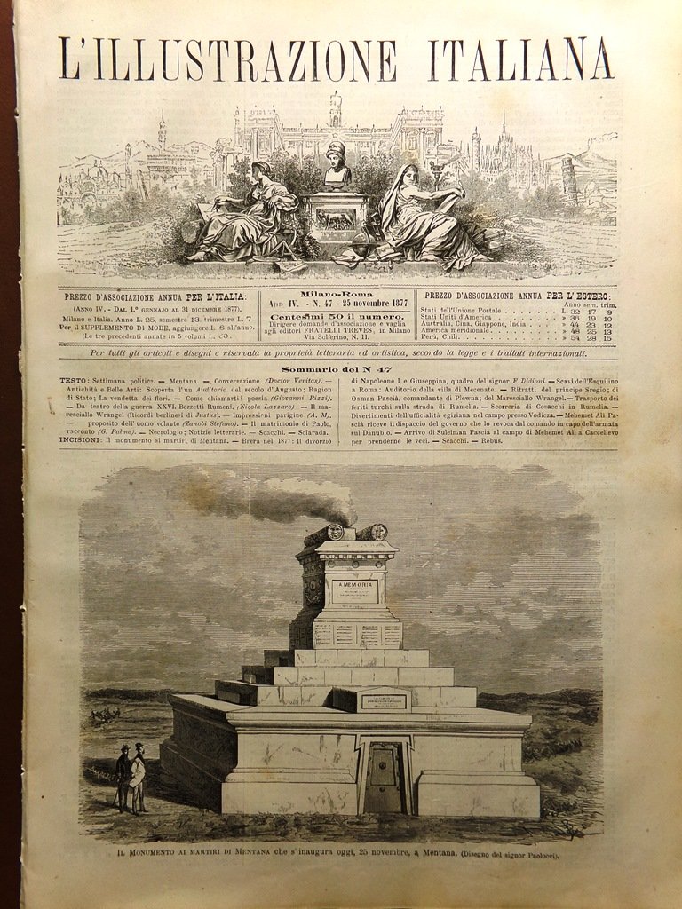 L'Illustrazione Italiana 25 Novembre 1877 Martiri Mentana Auditorio di Mecenate