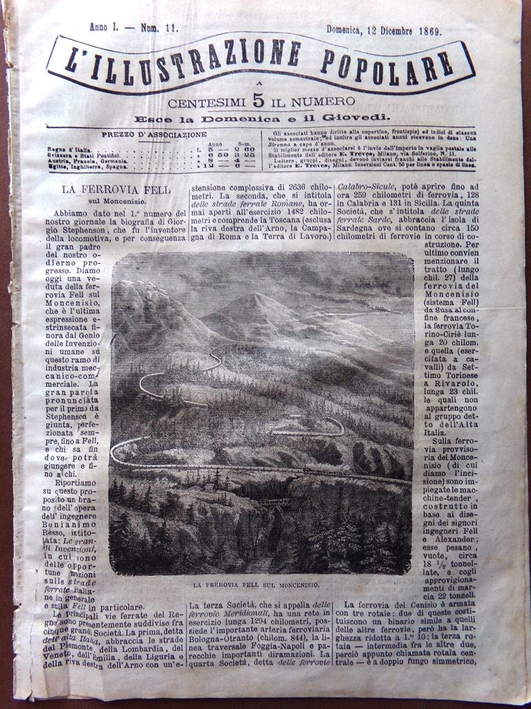 L'illustrazione Popolare 13 Dicembre 1869 Fell sul Moncenisio Arkwright Brindisi