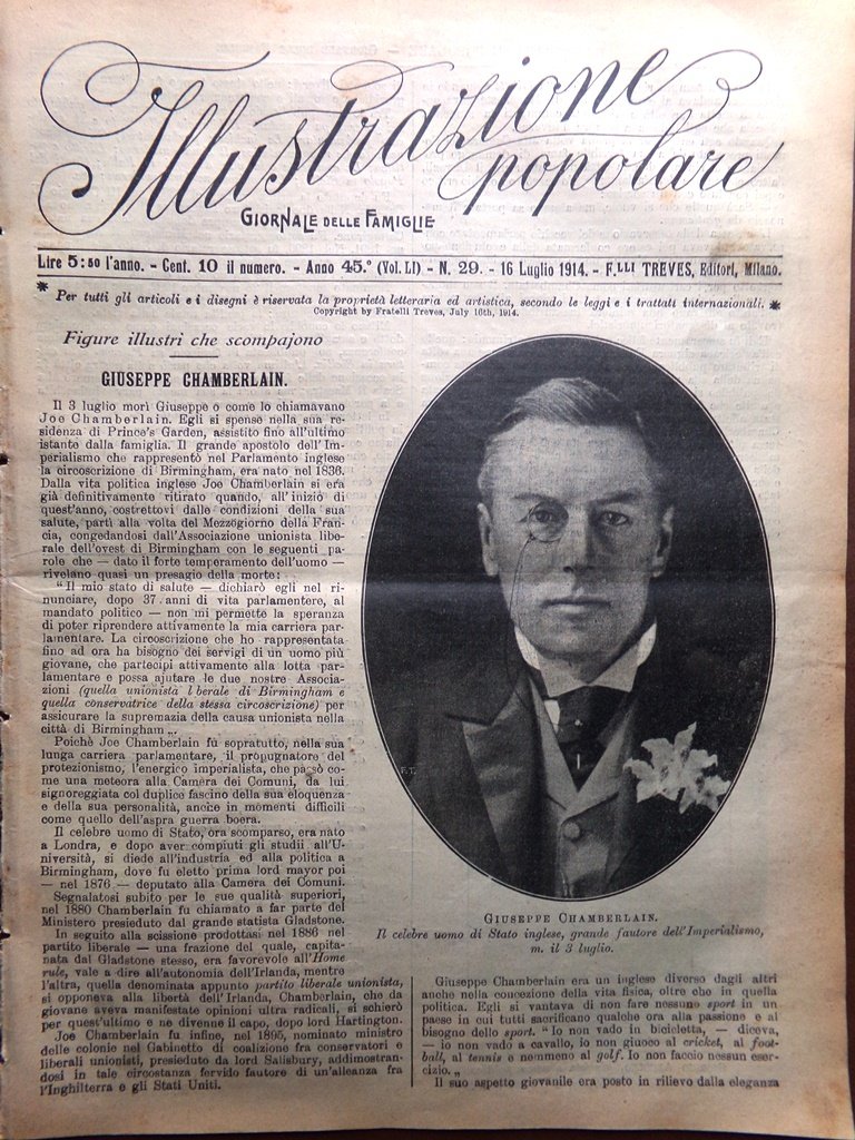 L'Illustrazione Popolare 16 Luglio 1914 WW1 Bosnia Sarajevo Chamberlain Arcoleo