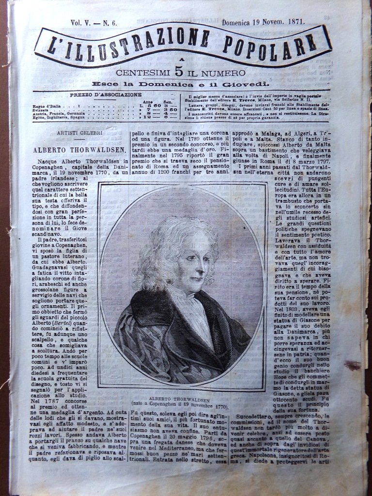 L'Illustrazione Popolare 19 Novembre 1871 Bertel Thorvaldsen Pesaro Forno Debiti