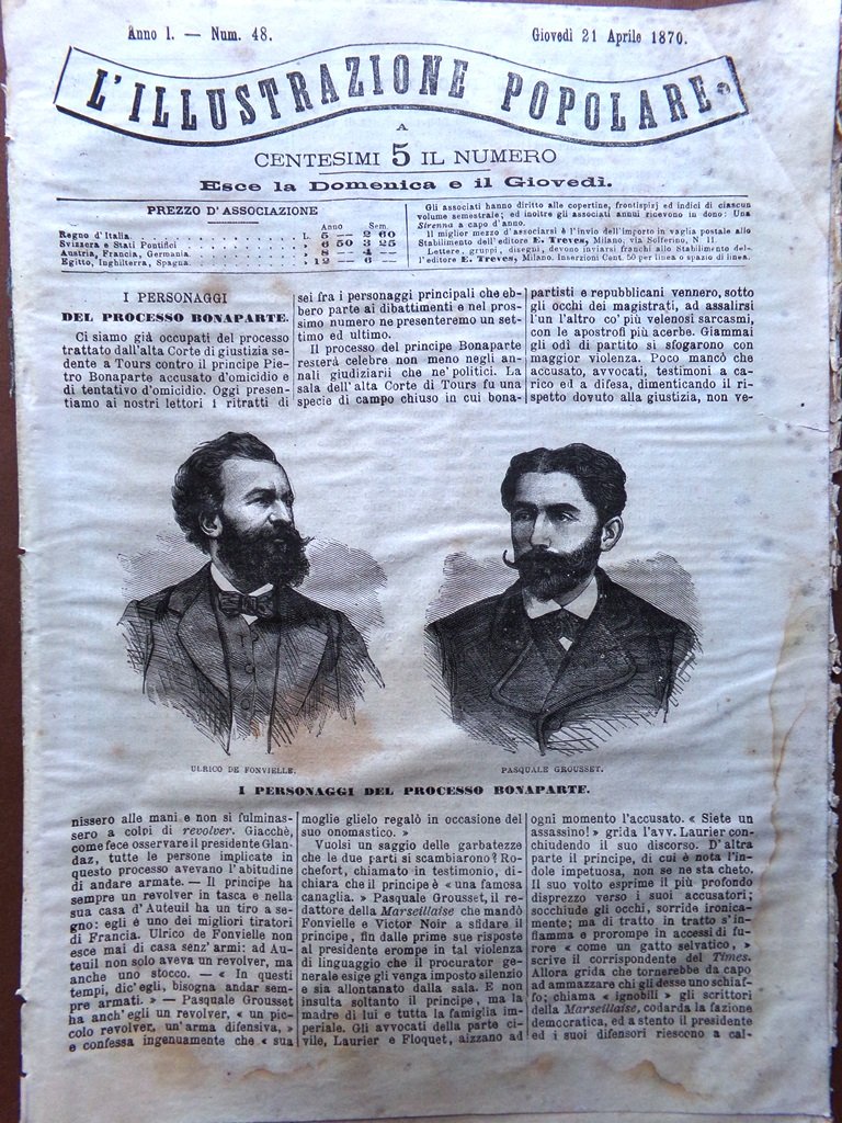 L'illustrazione Popolare 21 Aprile 1870 Processo Bonaparte Bosforo Cripta Marco