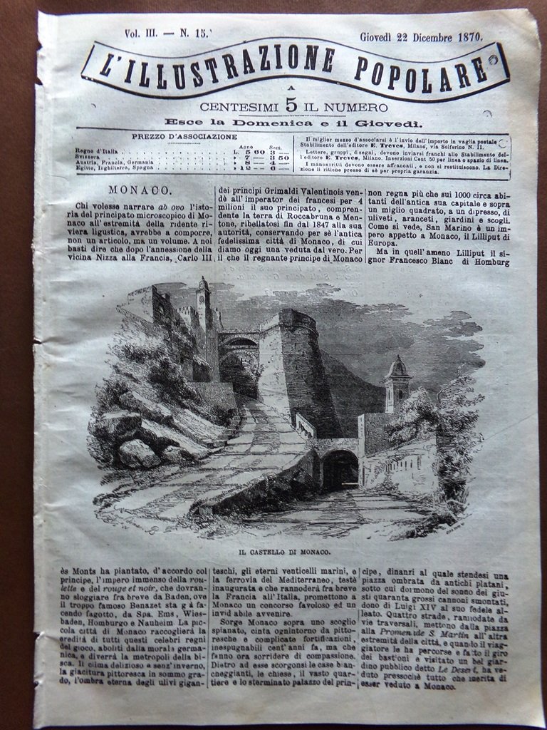 L'illustrazione Popolare 22 Dicembre 1870 Castello Monaco Eclisse Lippi Petrarca