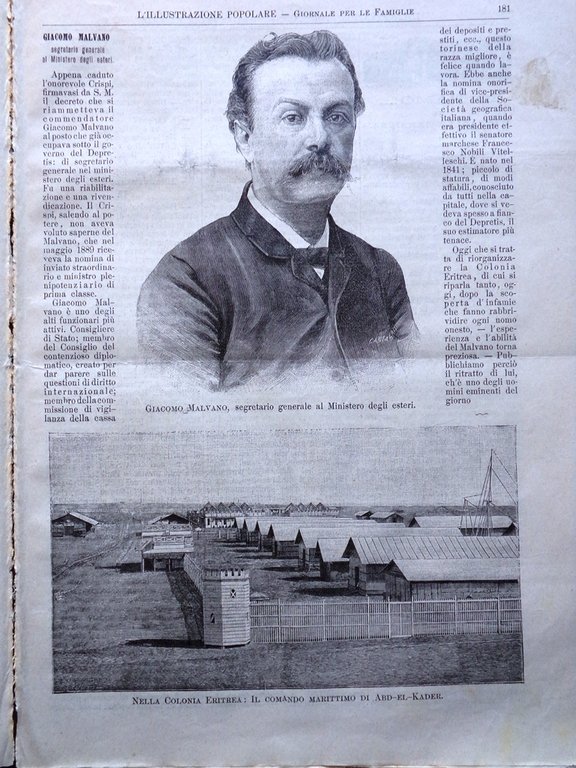 L'illustrazione Popolare 22 Marzo 1891 Malvano Colonia Eritrea Lazio Polo …
