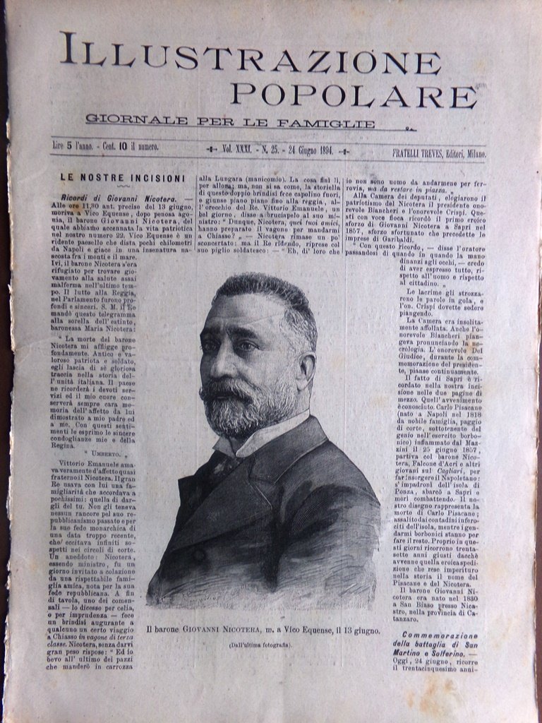 L'Illustrazione Popolare 24 Giugno 1894 Giovanni Nicotera Hermann Fol Solferino