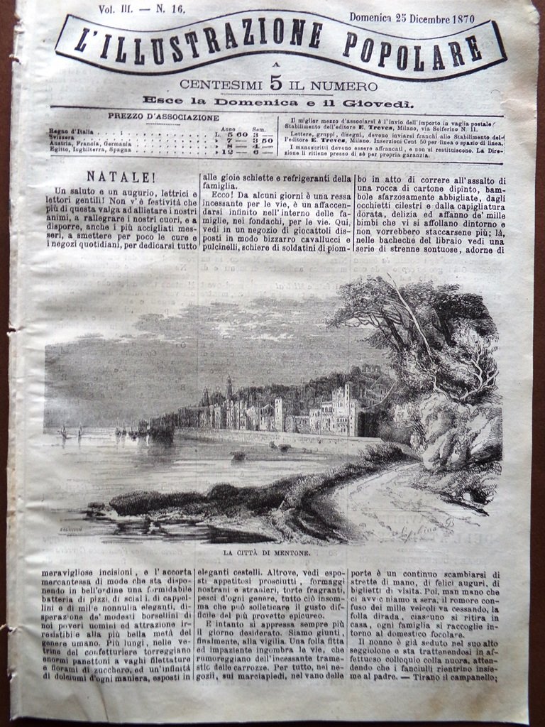 L'illustrazione Popolare 25 Dicembre 1870 Mentone Lippi Natale Scrittura Stampa