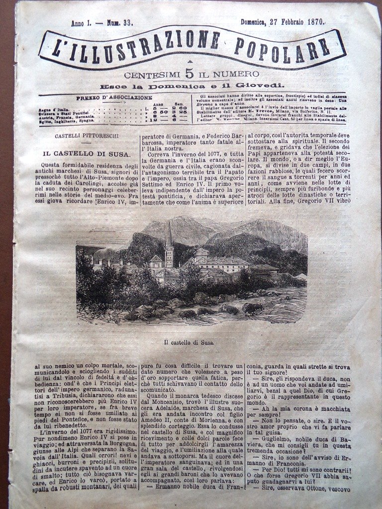 L'illustrazione Popolare 27 Febbraio 1870 Castello Susa Tempio Iside Carnevale