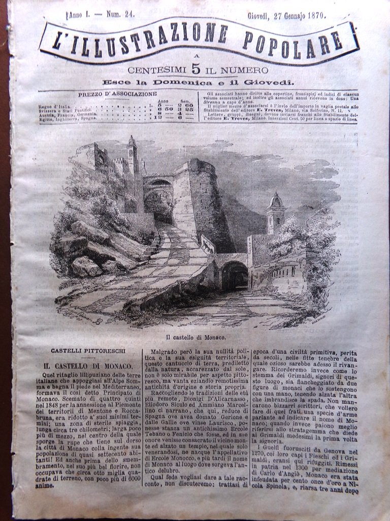 L'illustrazione Popolare 27 Gennaio 1870 Castello di Monaco Scimmie Brasile …