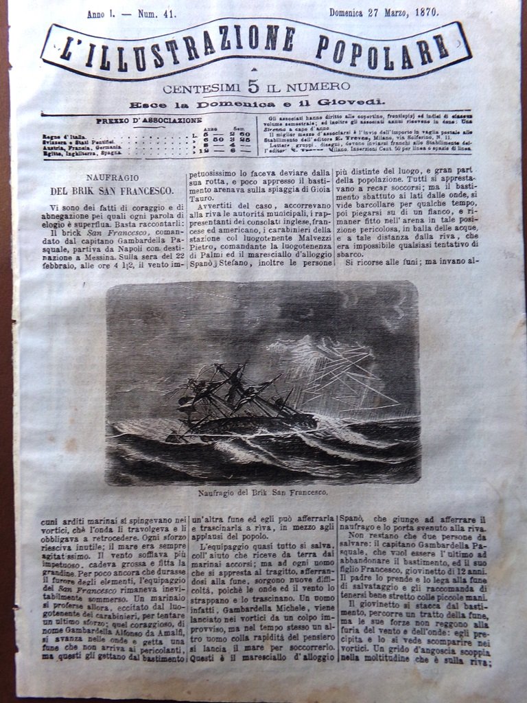 L'illustrazione Popolare 27 Marzo 1870 Sant'Elmo Napoli Carovana Papa Basilica