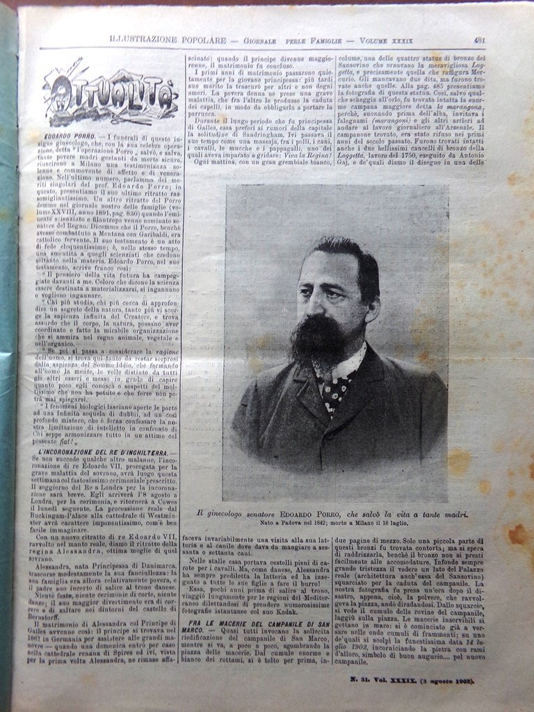 L'Illustrazione Popolare 3 Agosto 1902 Porro Sansovino Venezia Campanile Marconi