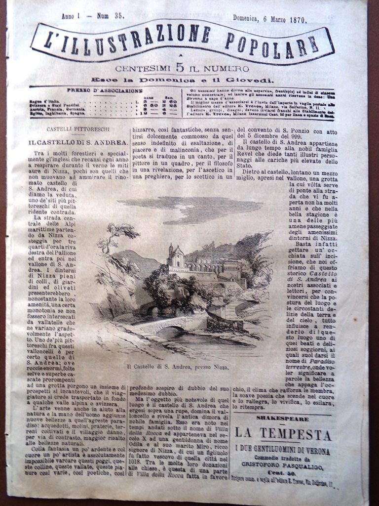 L'illustrazione Popolare 6 Marzo 1870 Castello di San Andrea Nizza …
