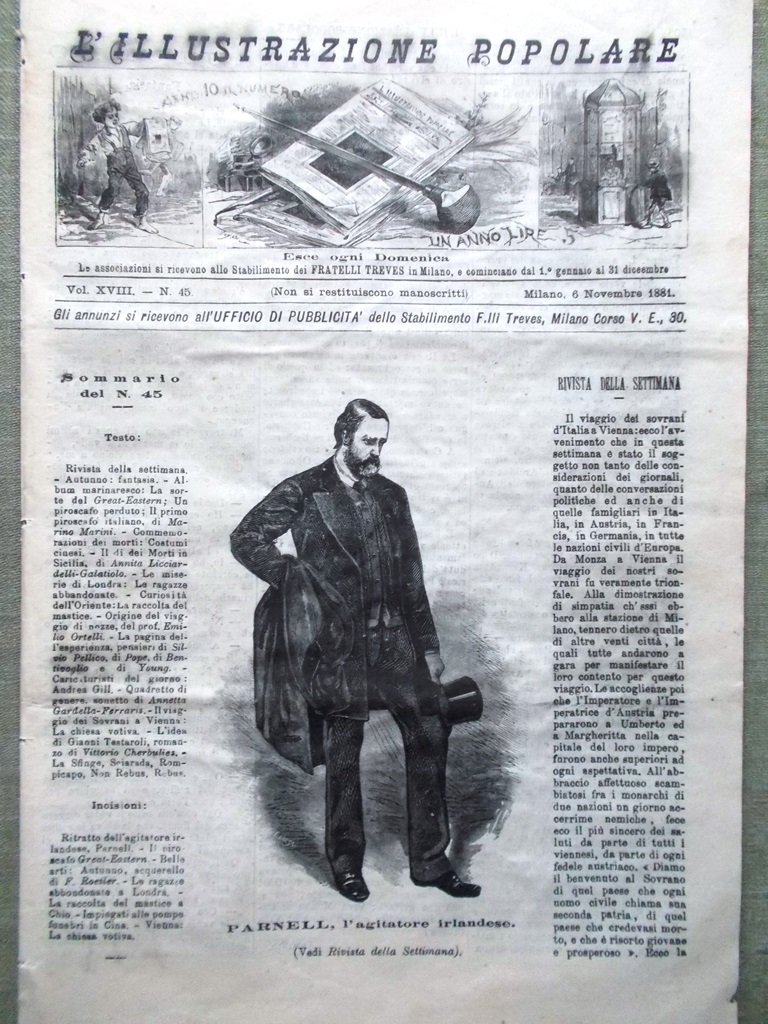 L'illustrazione Popolare 6 Novembre 1881 Parnell Mastice Chio Eastern Vienna …