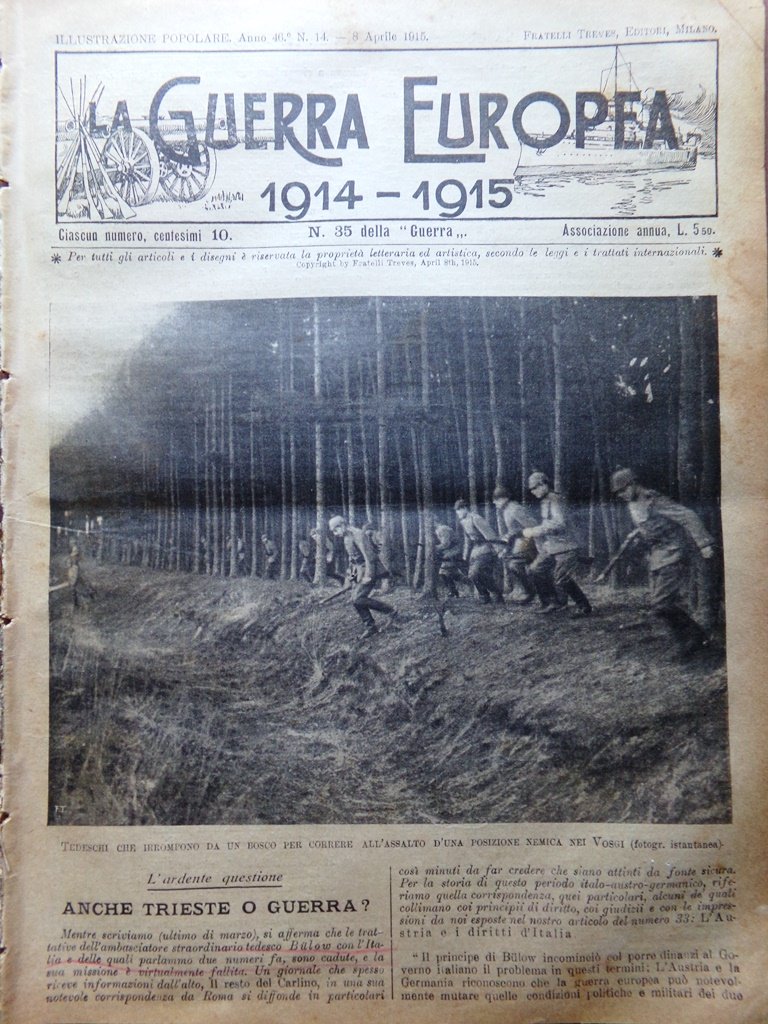 L'Illustrazione Popolare 8 Aprile 1915 WW1 Trieste Bouvet Churchill Dardanelli