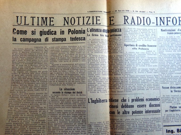 L'Osservatore Romano del 20 Agosto 1939 Polonia Stampa Tedesca Pontefice …