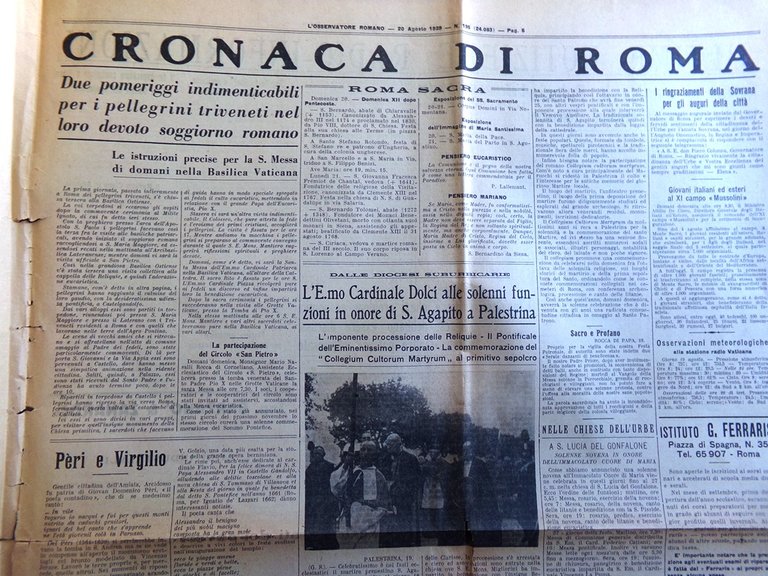 L'Osservatore Romano del 20 Agosto 1939 Polonia Stampa Tedesca Pontefice …