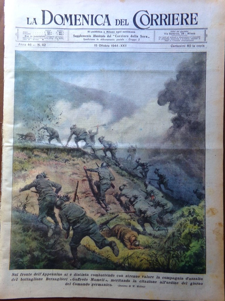 La Domenica del Corriere 15 Ottobre 1944 WW2 Bersaglieri Mimetismo …