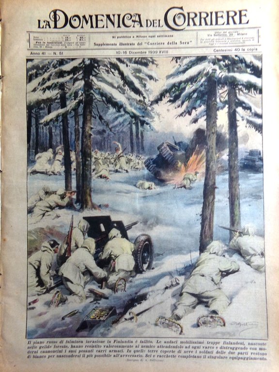 La Domenica del Corriere 16 Dicembre 1939 WW2 Finlandia Sottomarini …