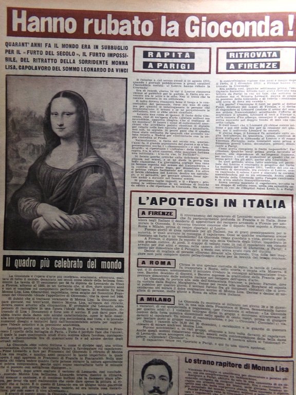 La Domenica del Corriere 16 Settembre 1951 Furto Gioconda Gran …