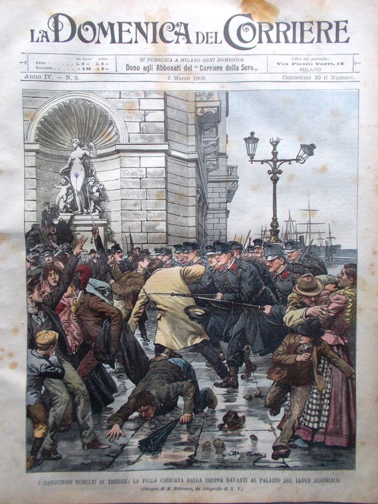 La Domenica del Corriere 2 Marzo 1902 Tumulti Trieste Santos-Dumont … | Immagine principale