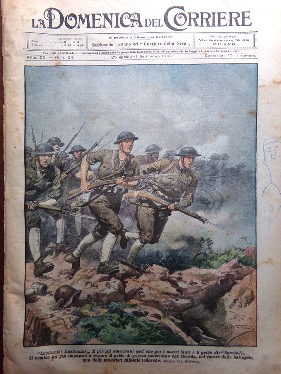 La Domenica del Corriere 25 Agosto 1918 WW1 Lusitania d'Annunzio …