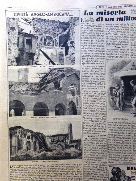 La Domenica del Corriere 26 Novembre 1944 WW2 Arezzo Treviso …