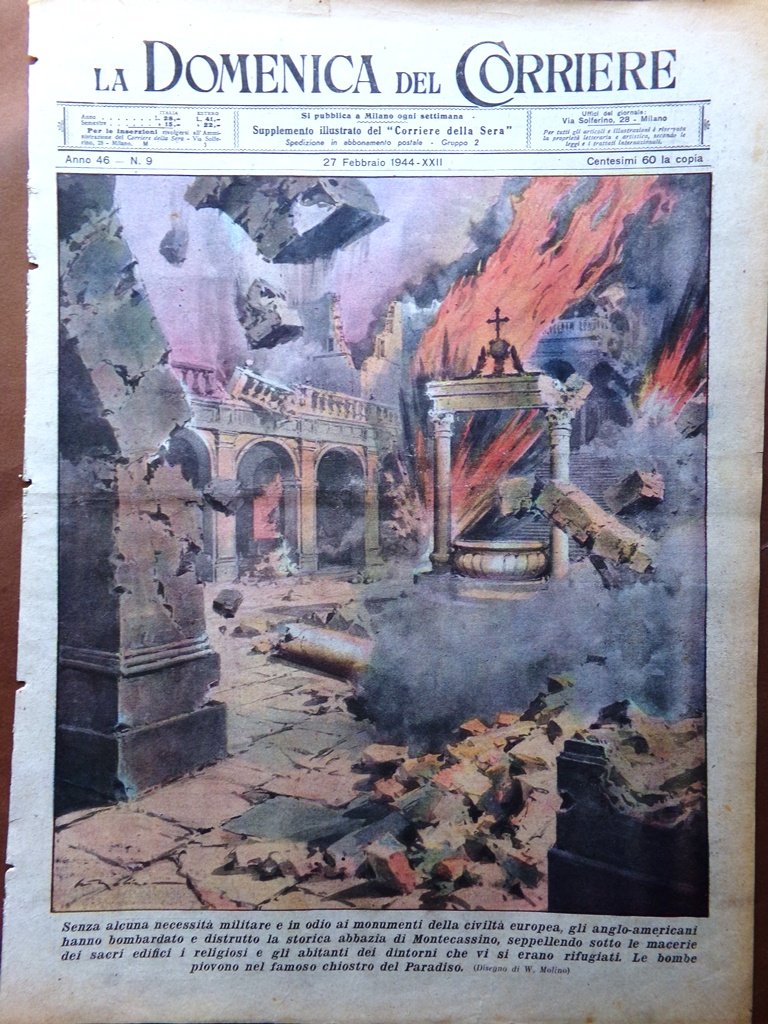 La Domenica del Corriere 27 Febbraio 1944 WW2 Bombe Montecassino …