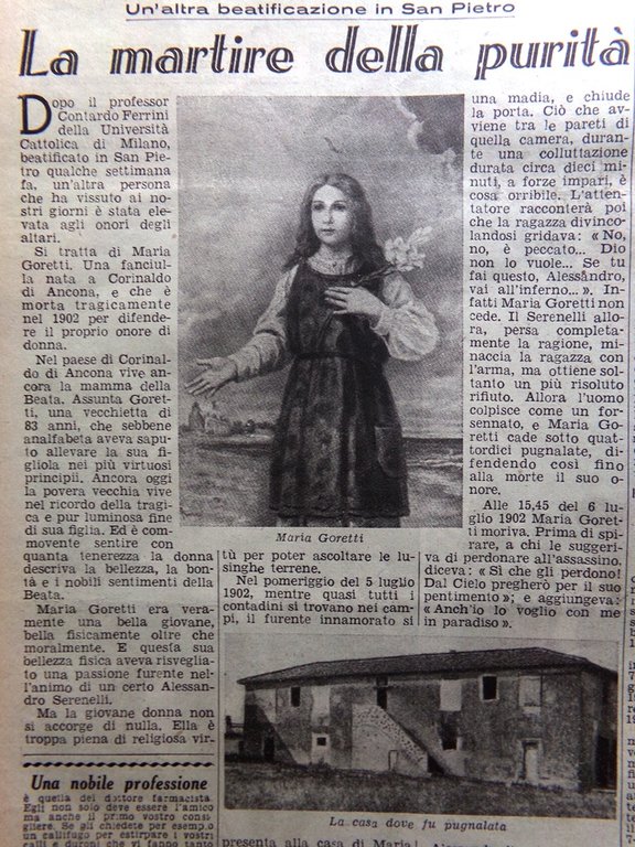 La Domenica del Corriere 4 Maggio 1947 Maria Goretti Chiaroveggenza …