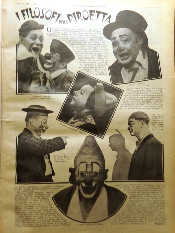 La Domenica del Corriere 7 Febbraio 1932 Milano Clown Pergolesi …