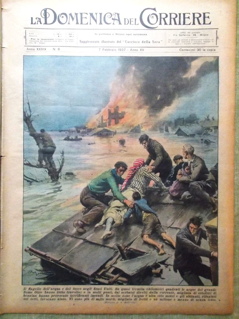 La Domenica del Corriere 7 Febbraio 1937 Fiume Ohio Incendio … | Immagine principale